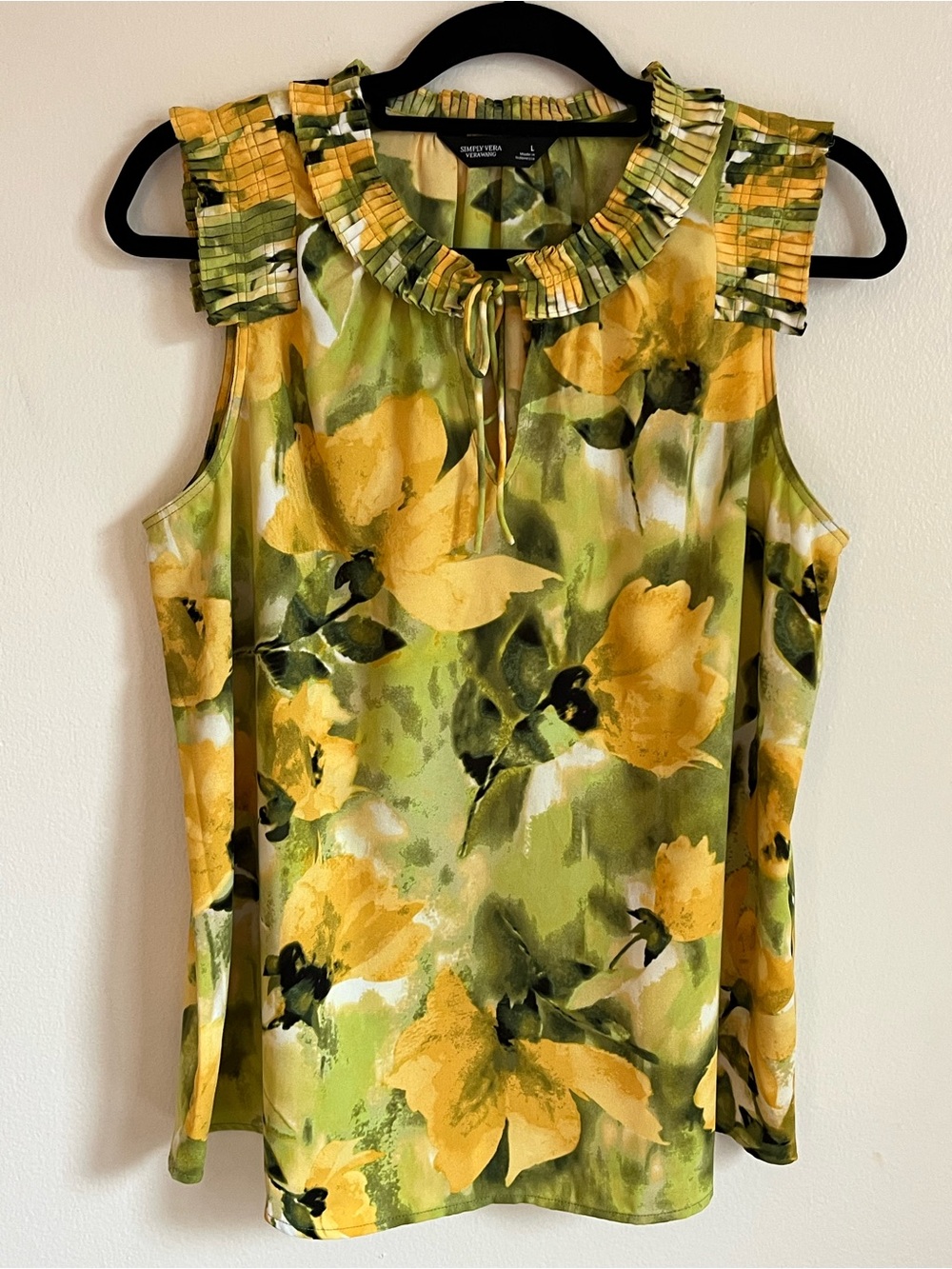 Simply Vera Vera Wang Yellow and Green Floral Ruffle Neck Sleeveless Top size L